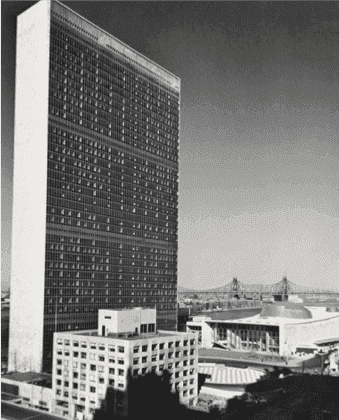 Exterior view of a high-rise building facade with a grid window pattern